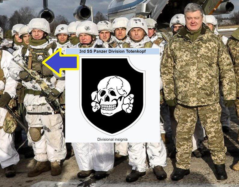 Ukrainian ex-president Petro Poroshenko posing with solders wearing "Totenkopf" insignia